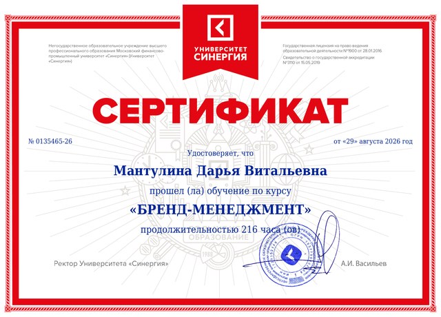 Сертификат Университета «Синергия»: Бренд-менеджмент, Мантулина Дарья Витальевна